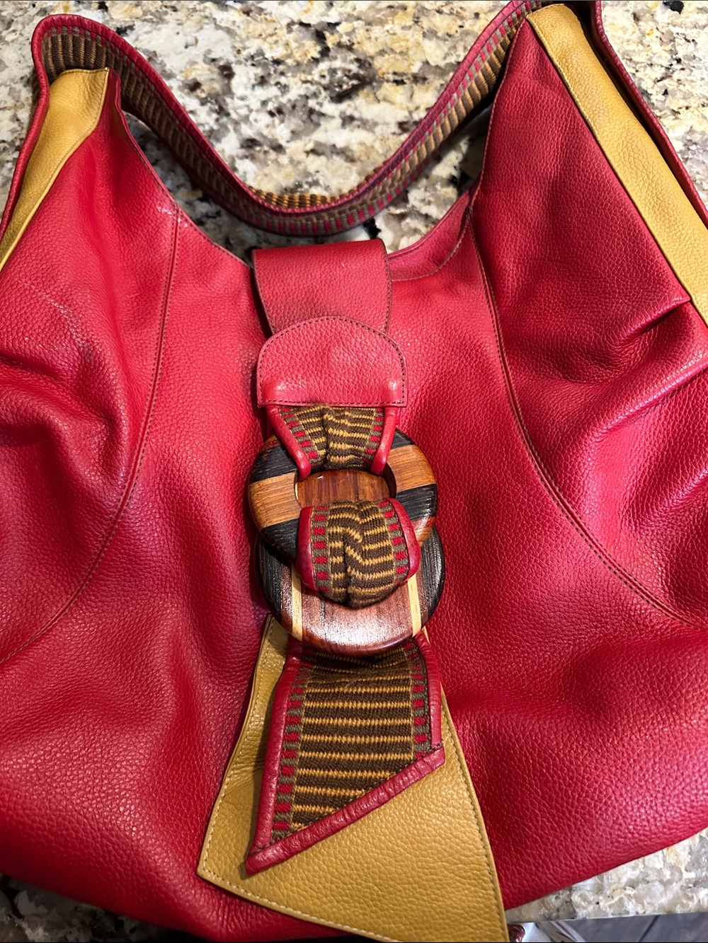 Red and Mustard Leather Shoulder Hobo Bag with Wooden Accent